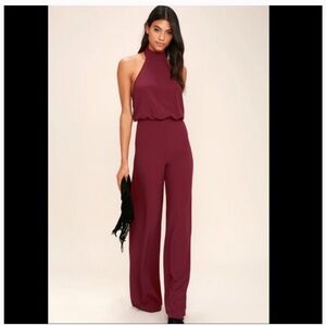 Lulus Maroon Jumpsuit, backless with high neck closure.